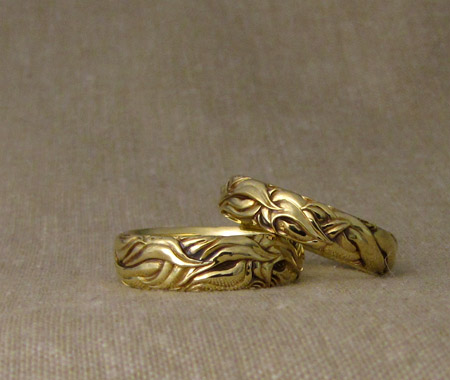 Hand-carved art nouveau leaves to rope wedding bands, 18K
