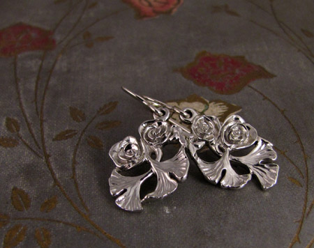 Hand-carved rose ginkgo bee pendant + earrings, 14K