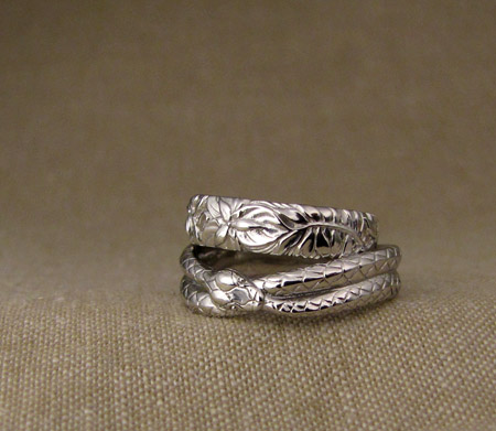 Hand-carved ouroboros + Pacific NW wedding bands, platinum