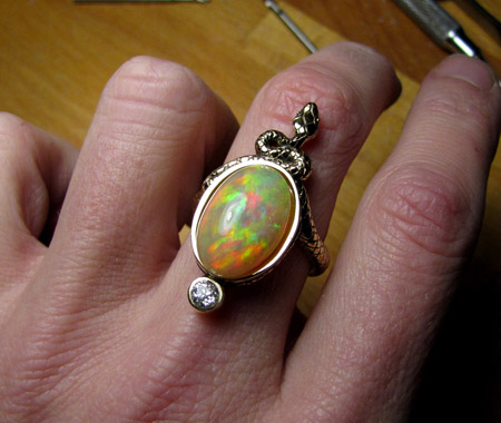 Ethiopian opal in snake ring