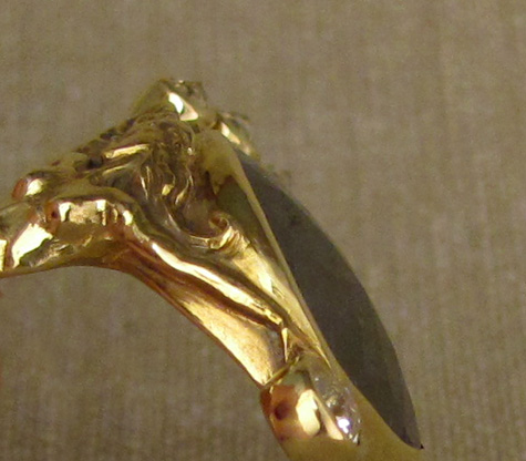detail--Crowned heart + dancing girls custom carved ring, black diamond + rose-cut diamonds