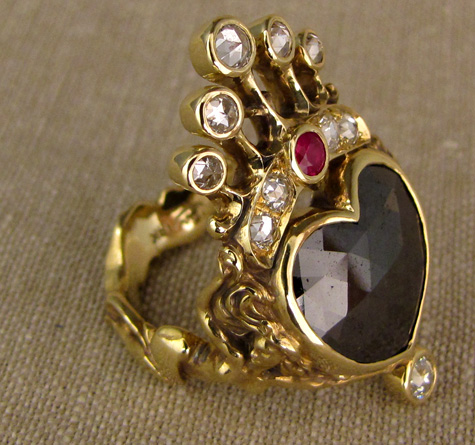 Crowned heart + dancing girls custom carved ring, black diamond + rose-cut diamonds