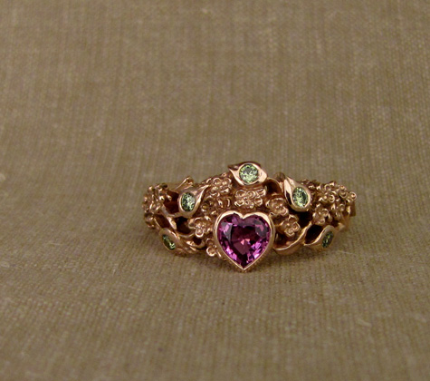 Hand-carved lilac ring with purple sapphire and pale green diamonds, 14K rose gold