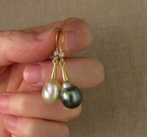 One-of-a-kind Tahitian & South Sea baroque pearl drop earrings with diamonds, 18K