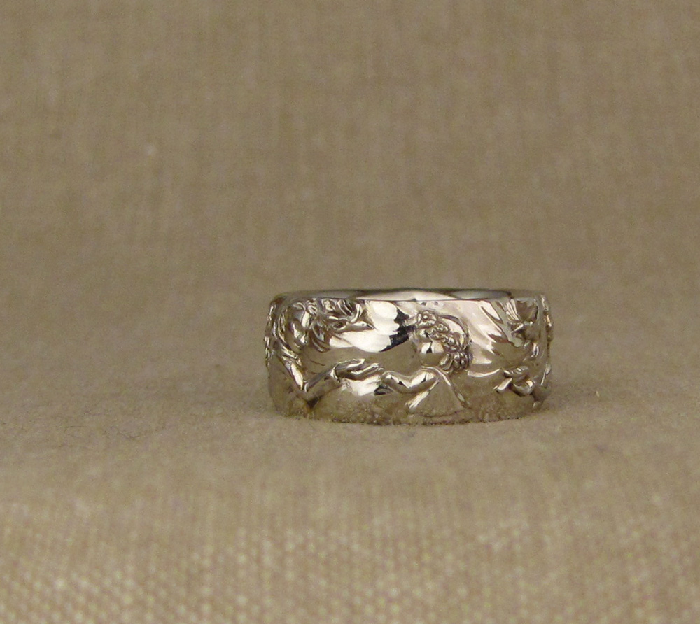 Hand-carved family portrait storybook band, 14K white gold