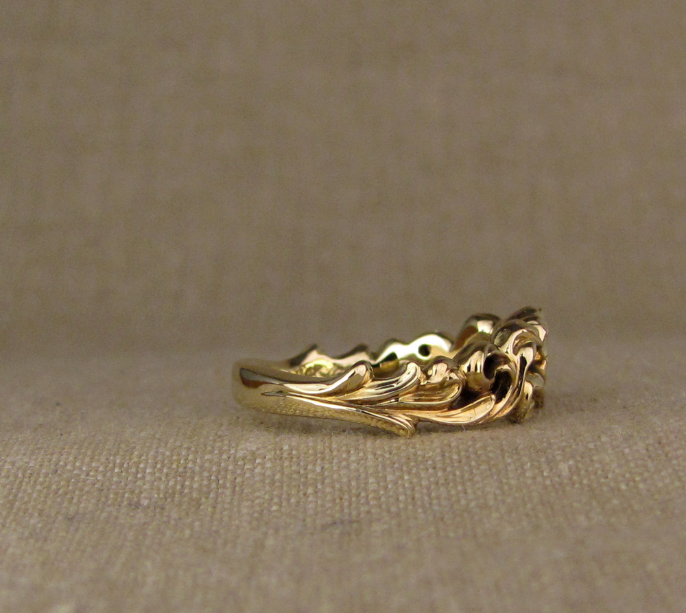 Hand-carved custom seashell & waves solitaire, 14K gold and diamond