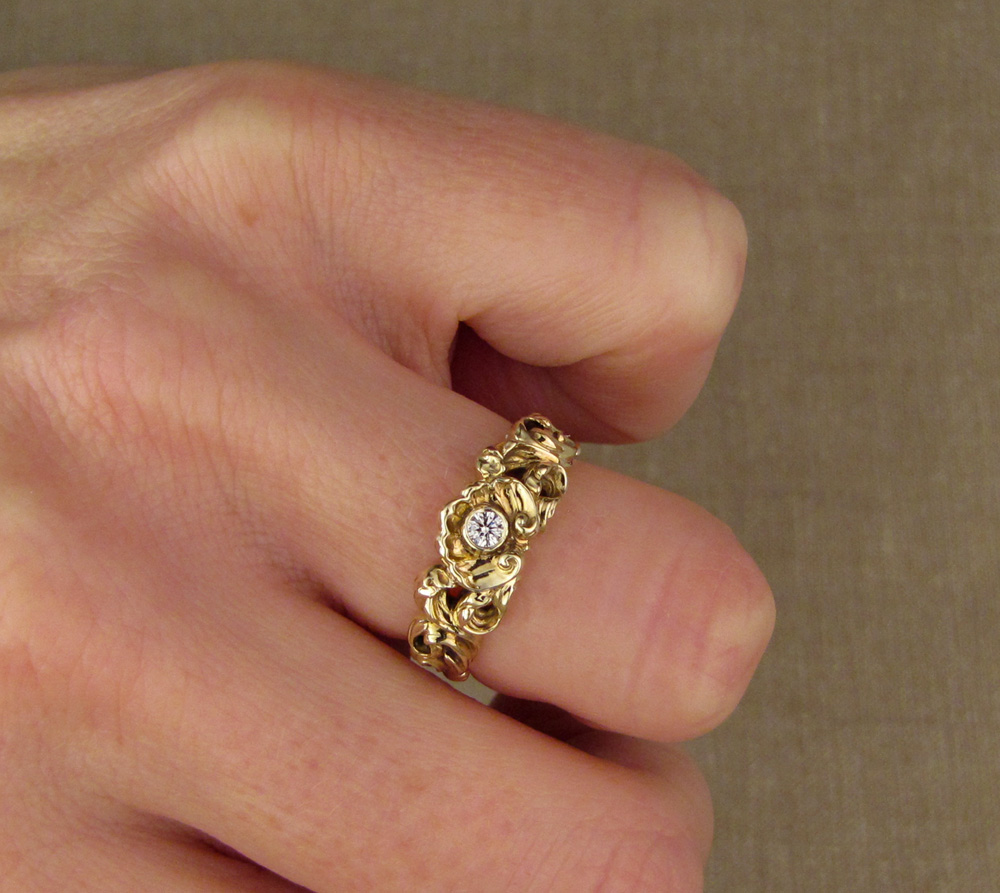 Hand-carved custom seashell & waves solitaire, 14K gold and diamond