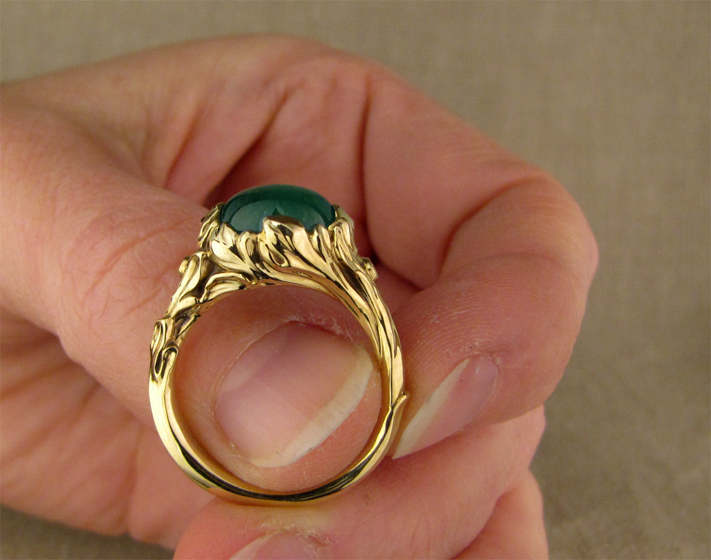 18K custom hand-carved Rococo Emerald & diamond Solitaire