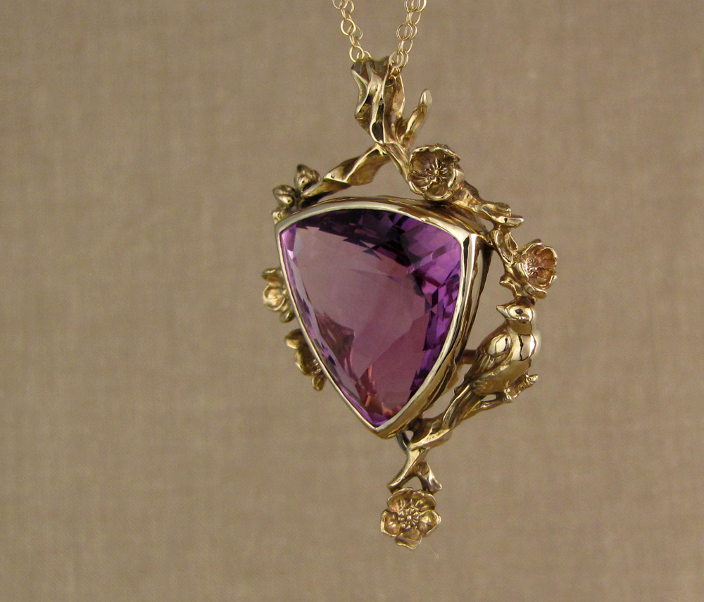 Custom designed & carved Amethyst pendant: 14K apple blossoms & songbird