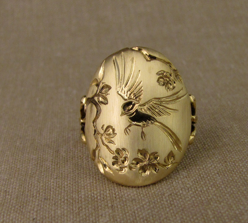 Hand-carved chickadee & apple blossom signet-style ring in 18K gold