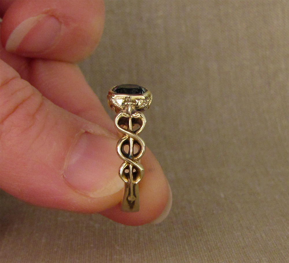 Custom hand-carved Rod of Asclepius & Caduceus & Oak & Acorn insignia Solitaire with Montana Sapphire, 14K