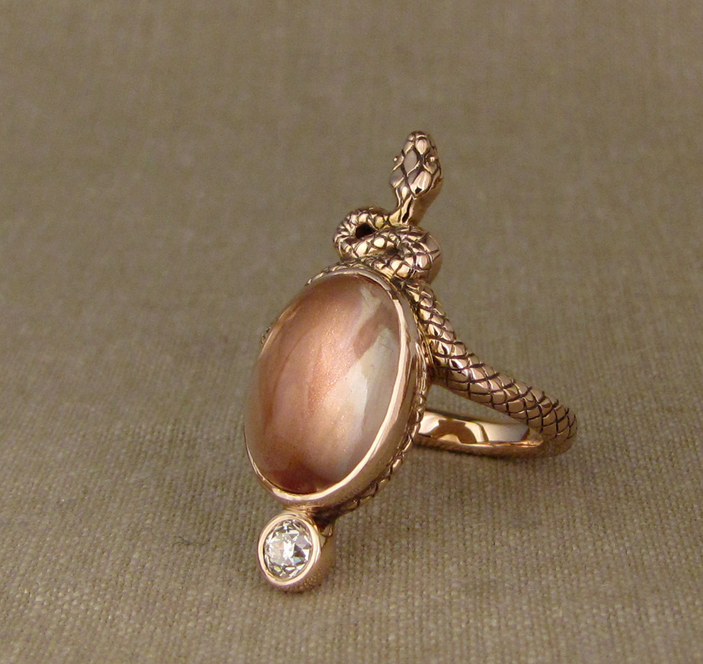 Hand-carved Snake Cocktail Ring with sunstone & OEC diamond, rose gold