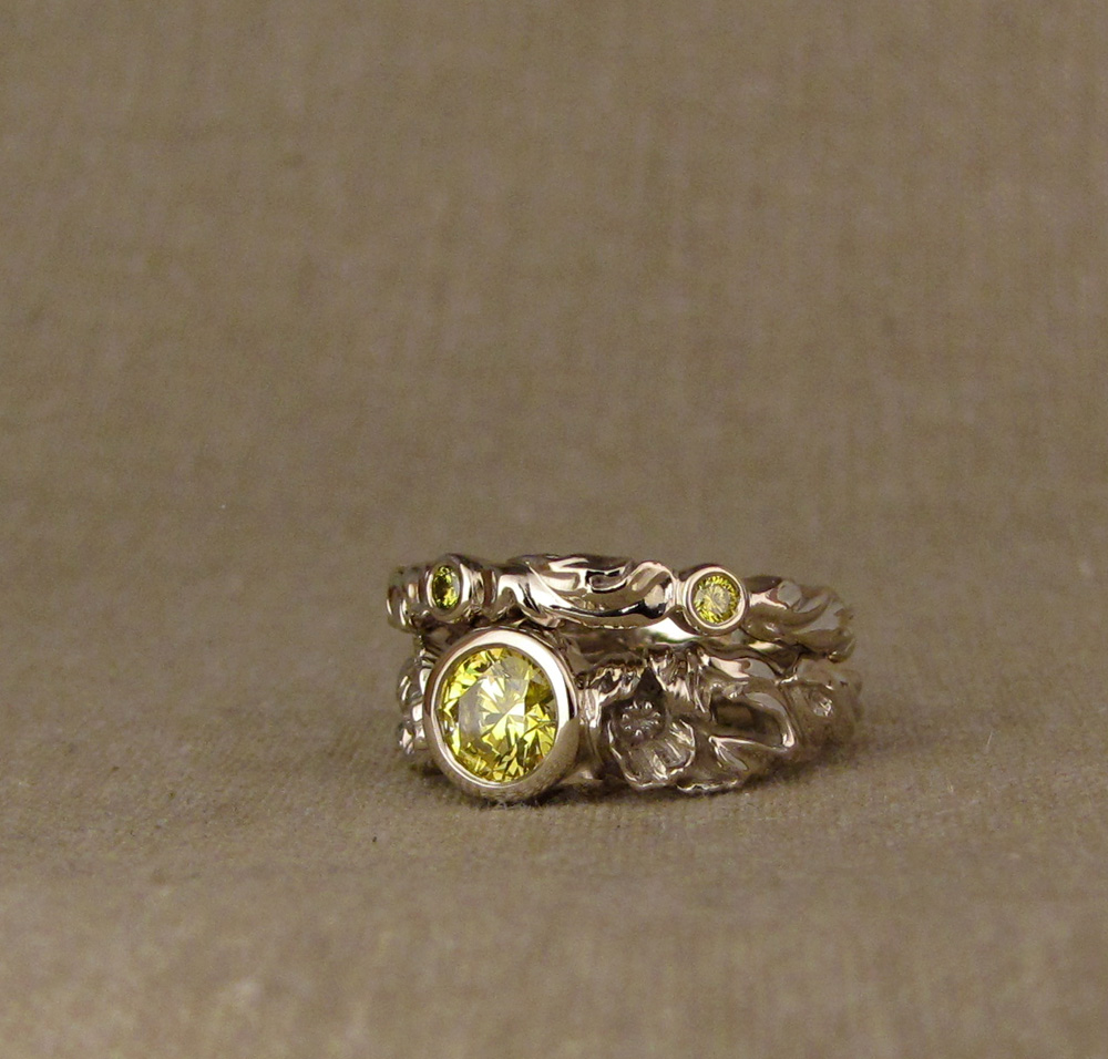 Custom designed & hand carved Poppy Solitaire & wedding band with fancy yellow diamond, 14K white gold