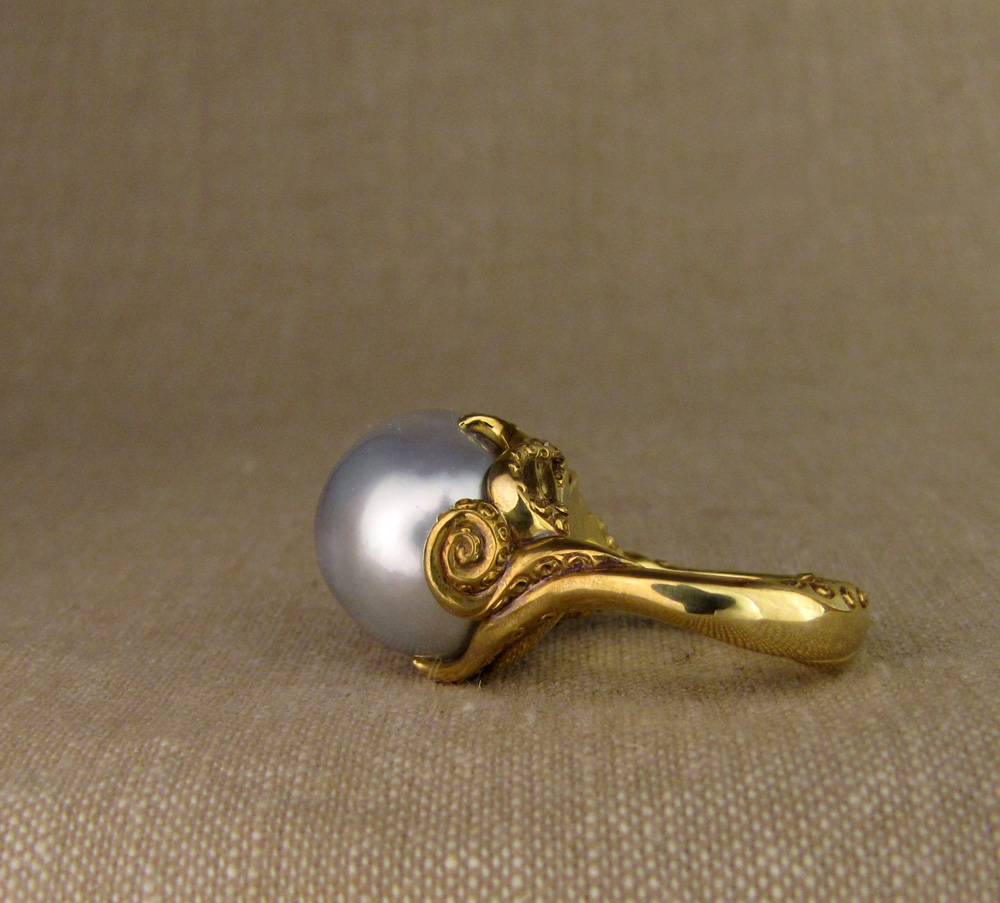One-of-a-kind hand-carved Tentacled Baroque Pearl Solitaire, 18K