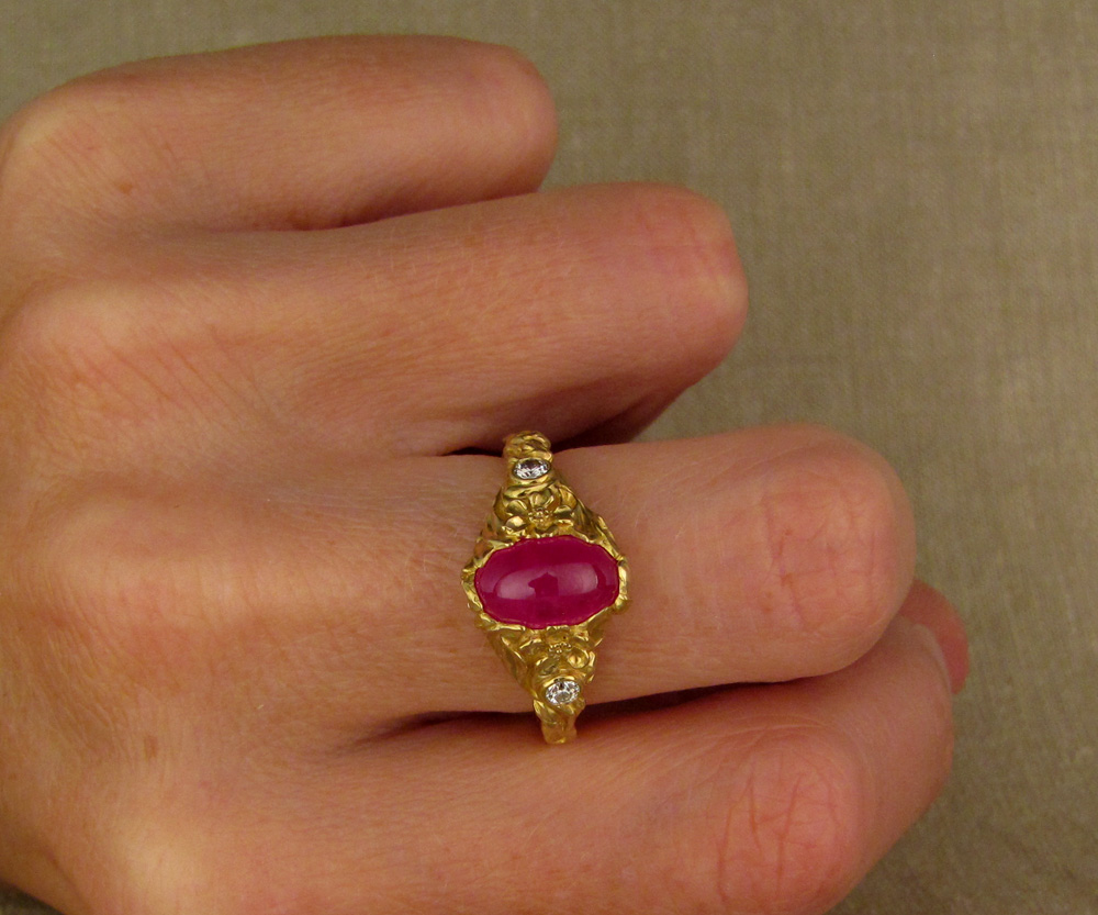 Custom designed & hand-carved Japanese Peach Blossom solitaire with cabochon ruby and diamonds, 22K gold
