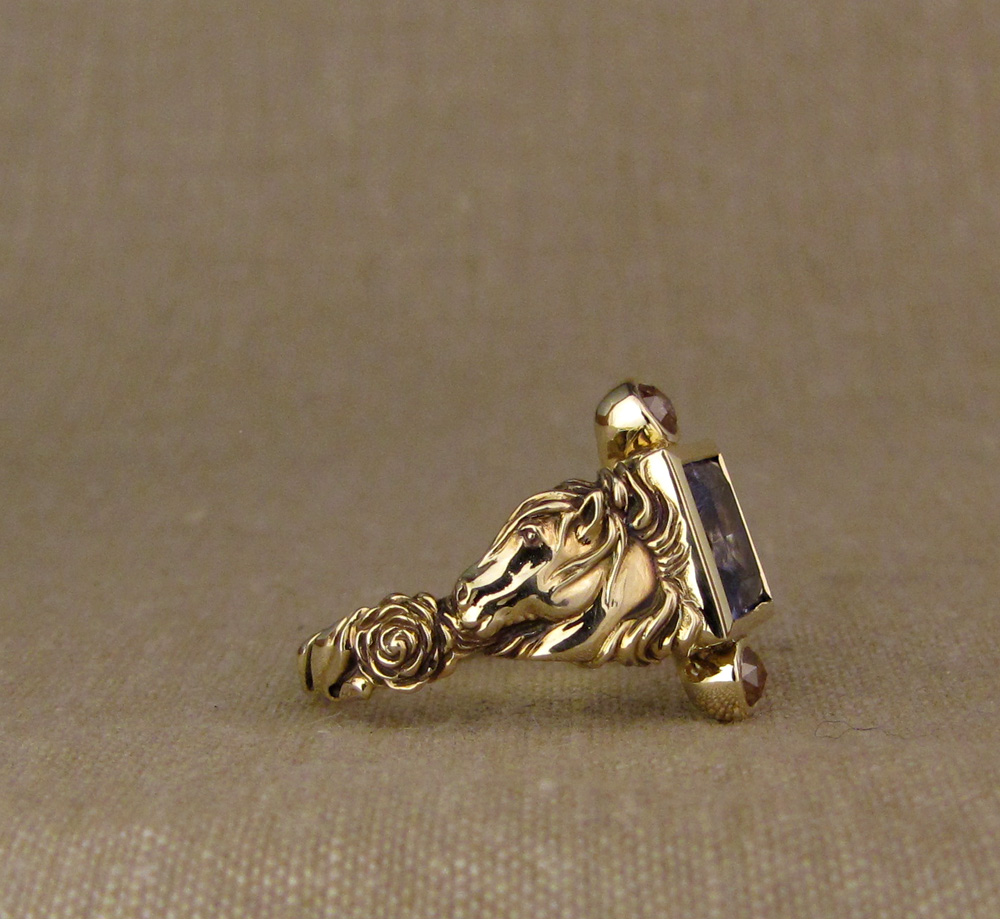 Custom designed & hand-carved Icelandic horse ring, Tanzanite and diamonds, 14K gold