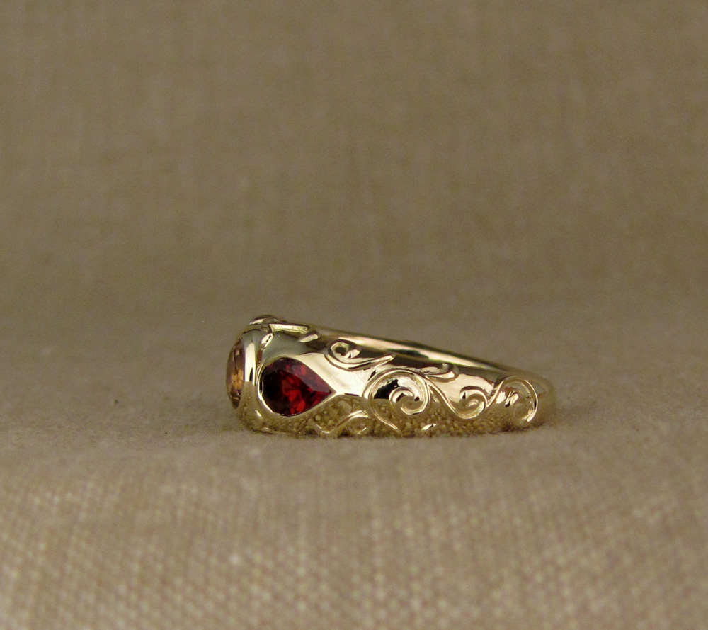 Custom designed & hand-carved arabesque motif 3-stone ring, 14K and garnets