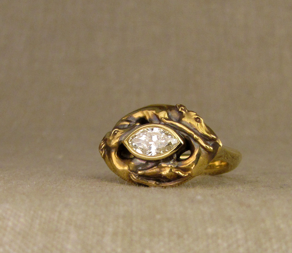 Hand-carved Greyhound Marquise Ring, 18K and diamond