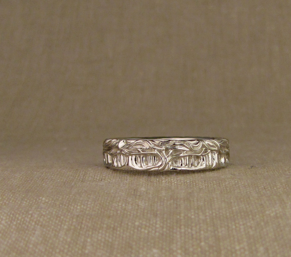 Hand-carved Forest of Trees Band, 14K white gold