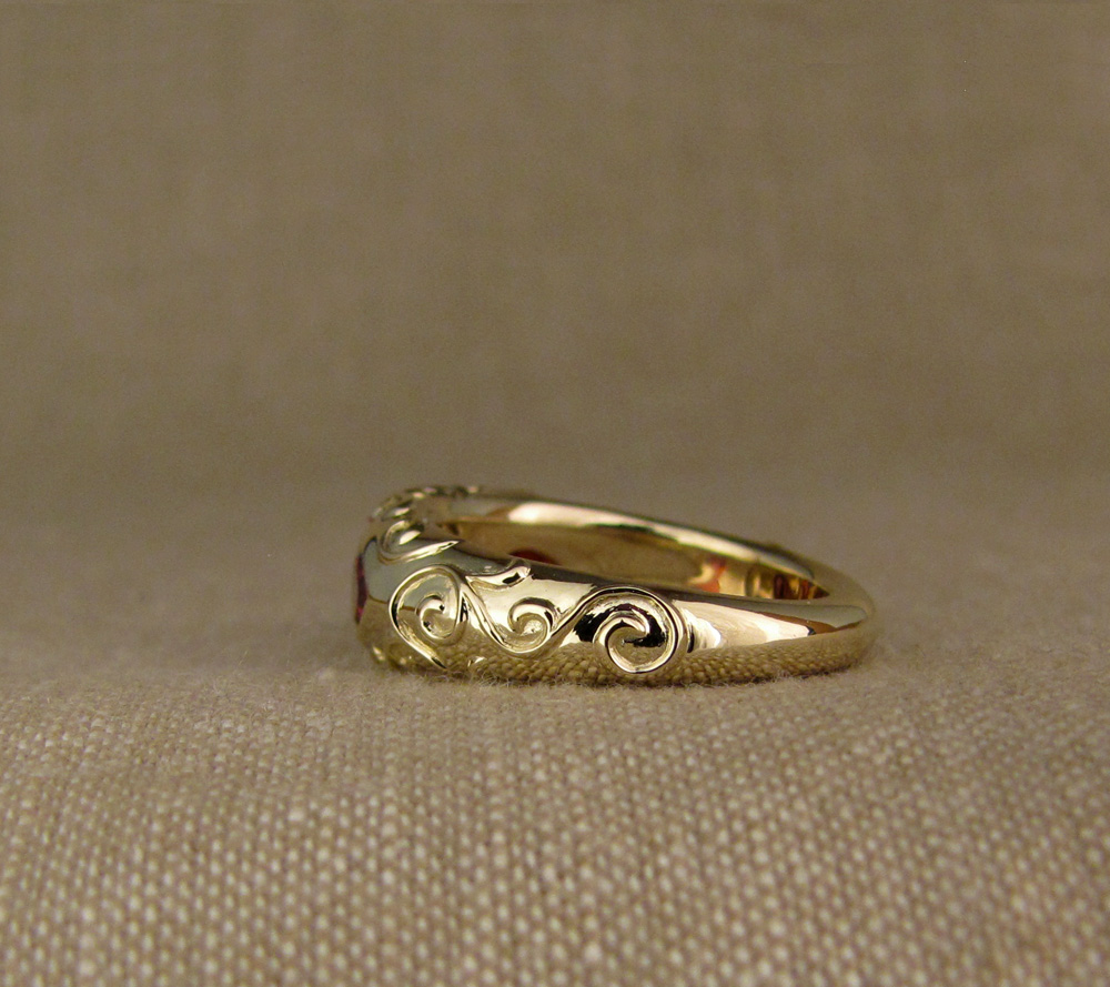 Custom designed & hand-carved arabesque motif 3-stone ring, 14K and garnets