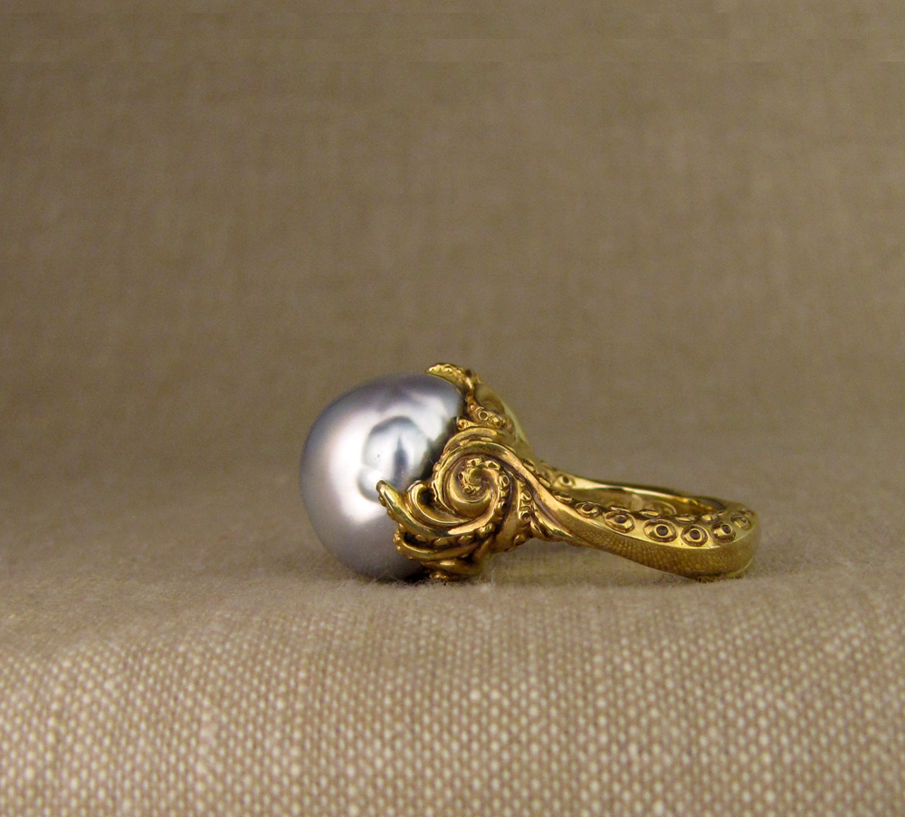 One-of-a-kind hand-carved Tentacled Baroque Pearl Solitaire, 18K
