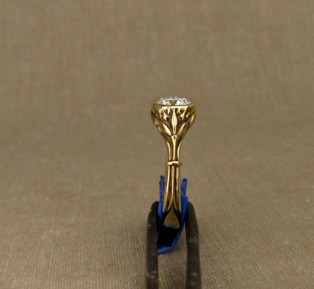 Custom designed & hand-carved Art Deco Lotus 1ct Solitaire in 18K