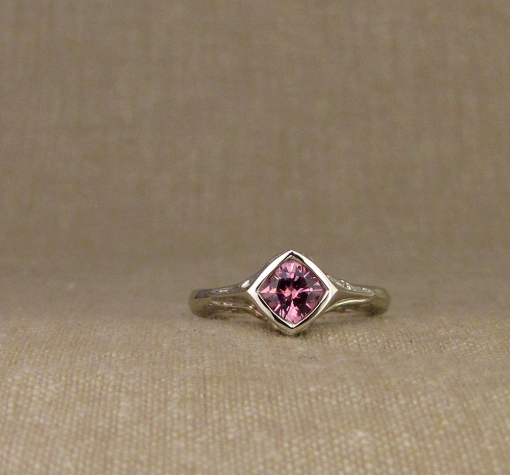 Custom designed & hand-carved Mt. Hood & Mt. St. Helens solitaire, set with pink sapphire, 14K white gold