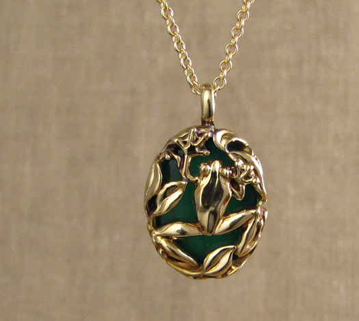 Custom hand carved Frog pendant with green chalcedony, 14K gold