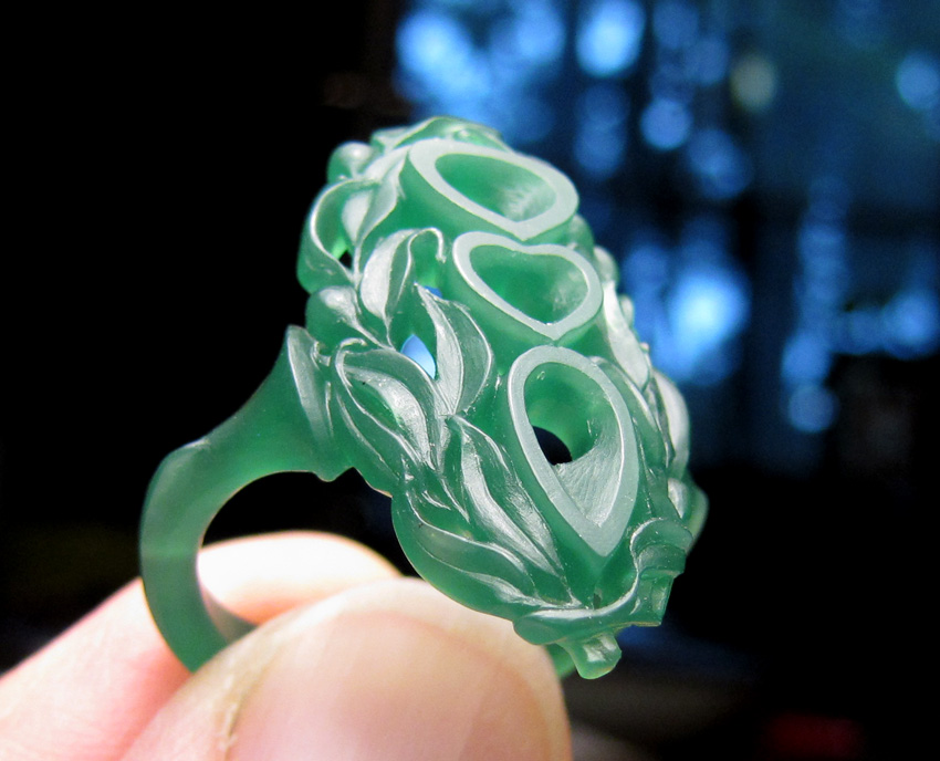 wax: 18K hand-carved olive branch navette ring, set with fancy colored+cut diamonds