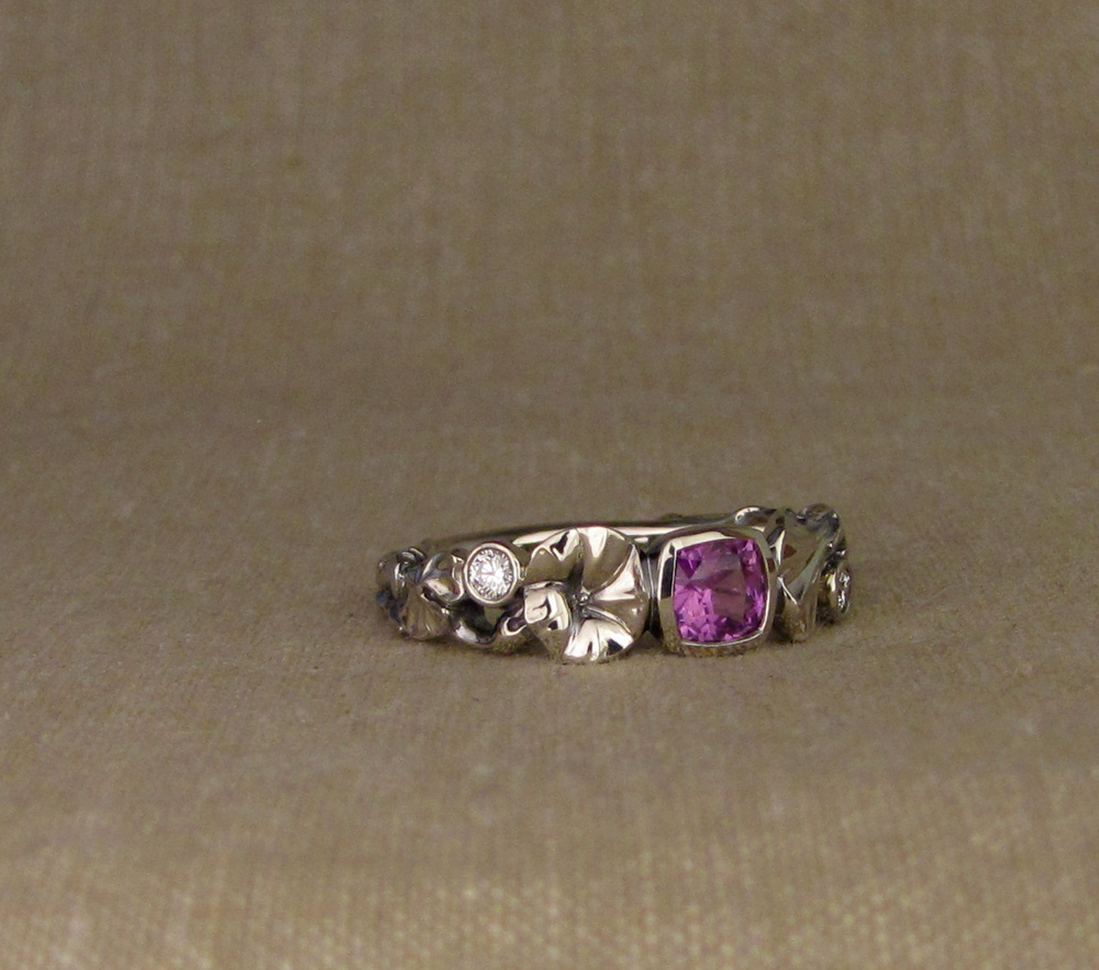Custom hand-carved Morning Glory Solitaire with Purple Cushion Sapphire and Diamonds, 14K white gold
