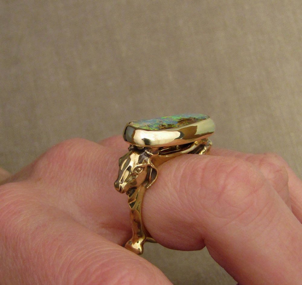 Custom hand-carved Indian Cows Ring with Australian Boulder Opal, 18K