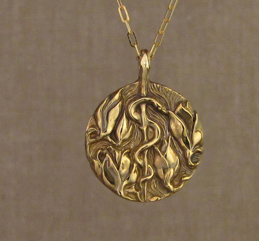 Custom hand-carved Asclepius & Magnolia blooms pendant in 18K