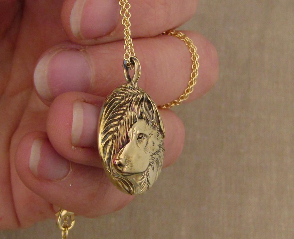 Hand-carved Husky mix dog portrait pendant, 14K gold