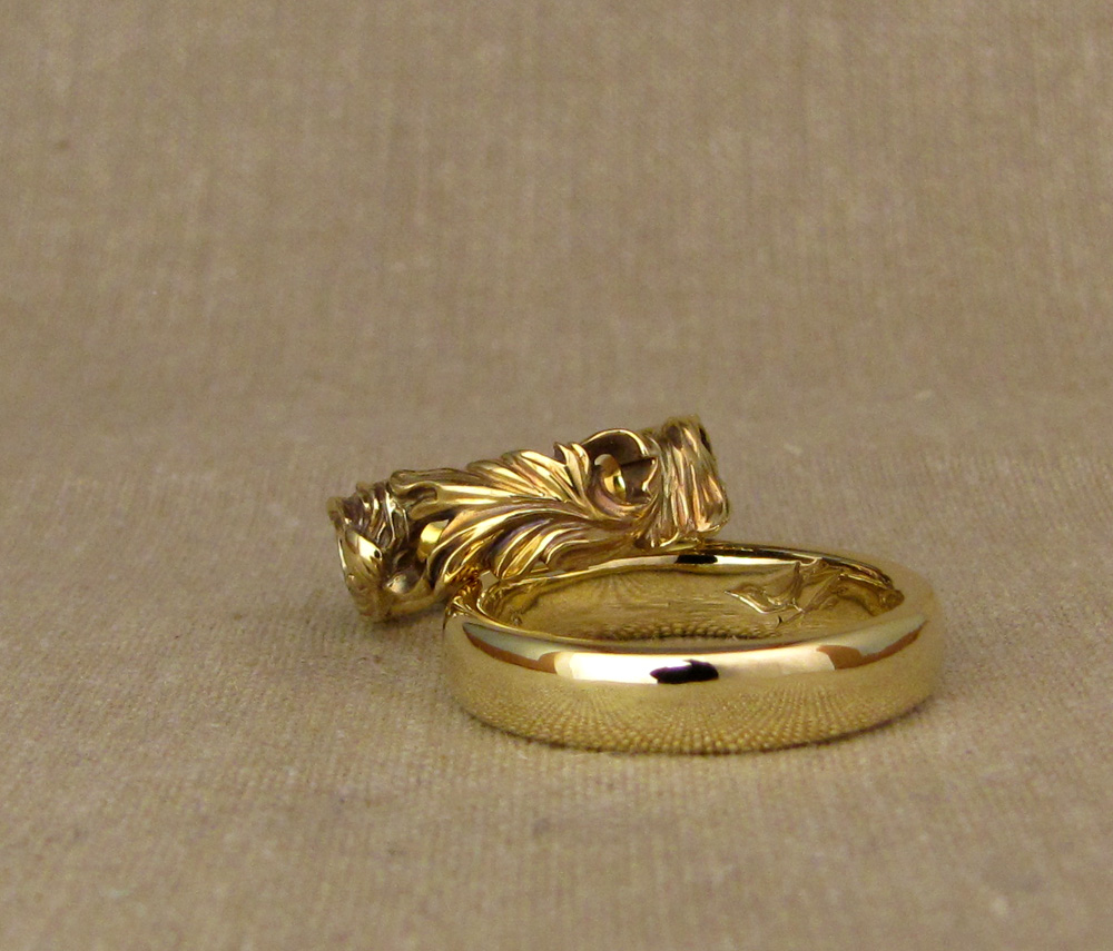 Hand-carved Poppy wedding band + Classic band with nuthatch/bird carved intaglio inside, 18K yellow gold 