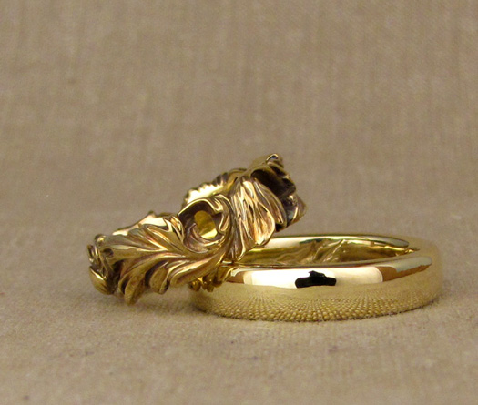 Hand-carved Poppy wedding band + Classic band with nuthatch/bird carved intaglio inside, 18K yellow gold 