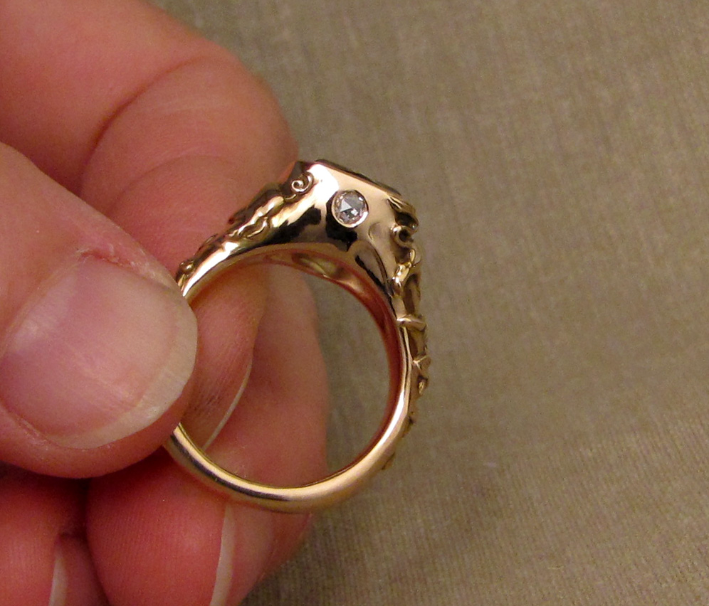 Custom-designed & hand-carved Zodiac ring, tourmaline, 19K rose gold