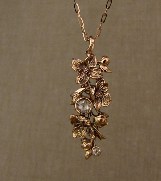 Hand-carved Dogwood Pendant, antique rose-cut diamond & OEC diamond accent, 19K rose gold
