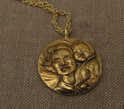 Hand carved mother & baby portrait, 14K yellow gold pendant. 