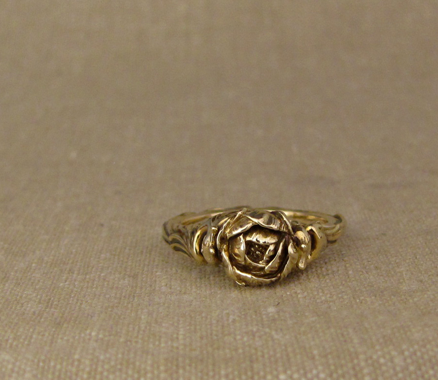 Custom designed & carved Phoenix & Peony Solitaire, 14K yellow gold