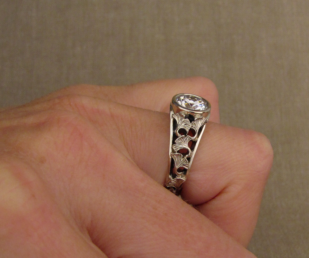 Custom designed & hand-carved Ginkgo Solitaire with 2ct stone, 18K white gold.