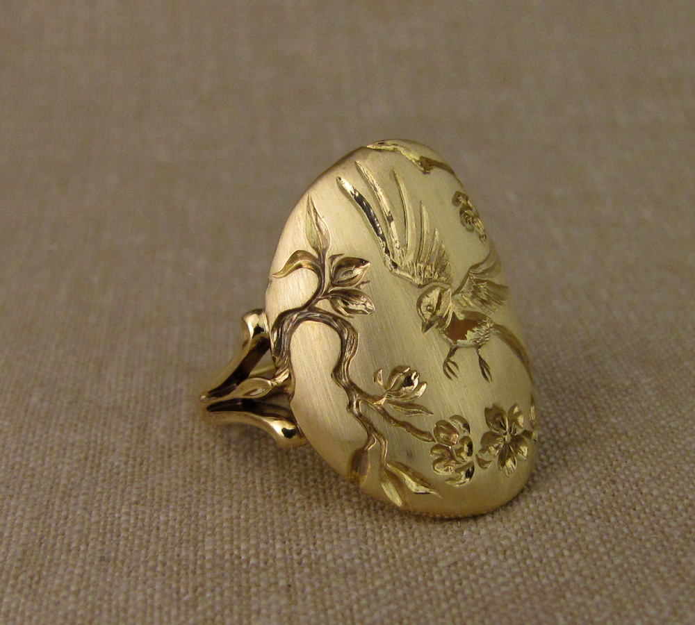 Custom designed & carved ring by Cheyenne Weil, 18K yellow gold