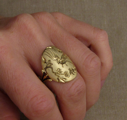Custom designed & carved ring by Cheyenne Weil, 18K yellow gold