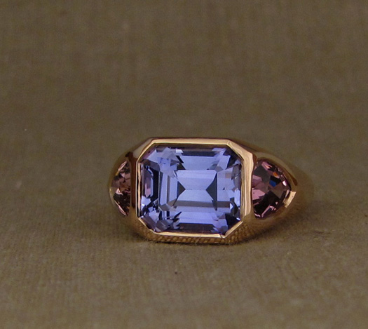 Custom designed & hand-carved Chunky 3-Stone statement ring in 19K rose gold, tanzanite, tourmaline.