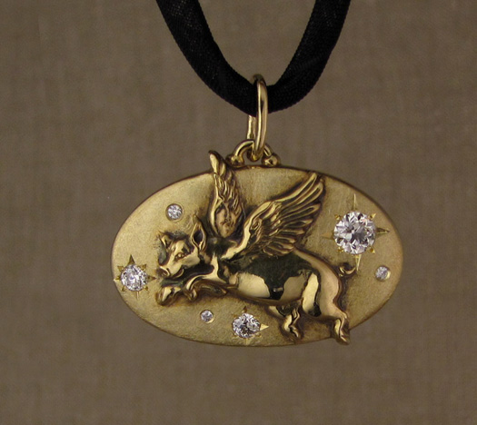 Custom-designed & hand-carved Flying Pig pendant with antique Old European cut diamonds, 18K gold.