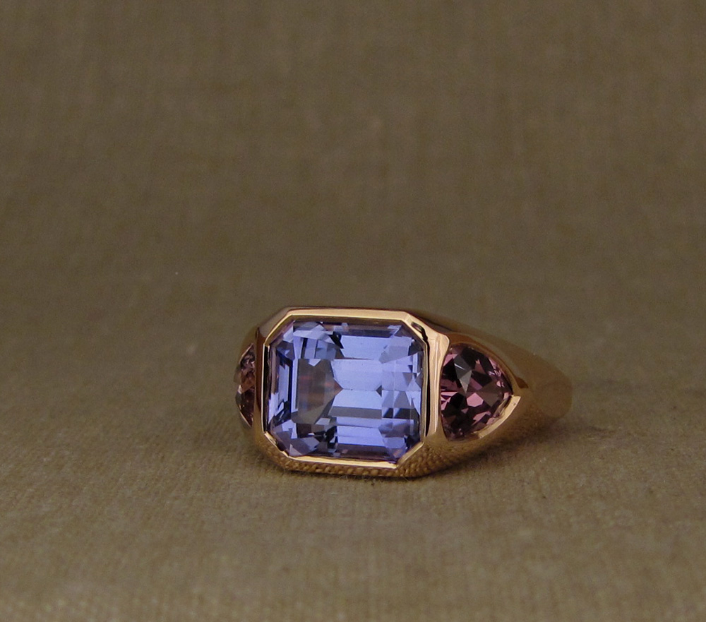 Custom designed & hand-carved Chunky 3-Stone statement ring in 19K rose gold, tanzanite, tourmaline.