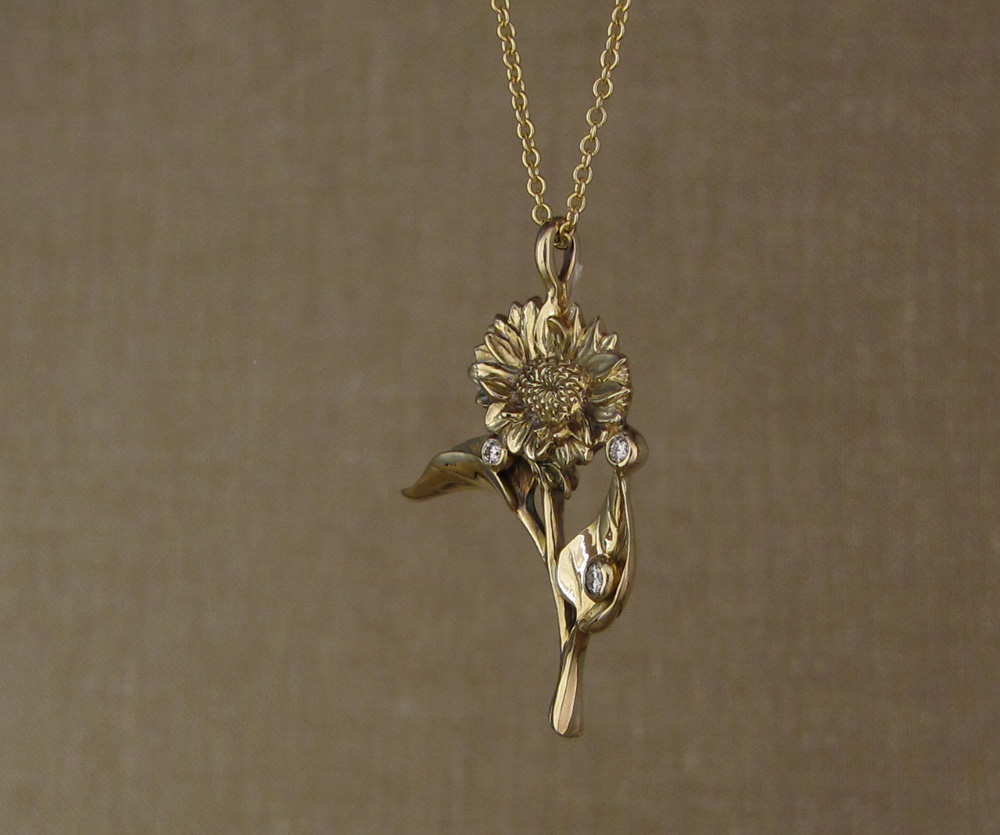 Custom-designed & hand-carved Sunflower pendant with diamonds, 14K yellow gold.