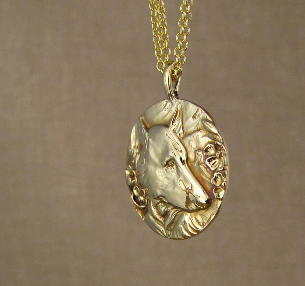 Custom hand-carved shepherd portrait pendant, 14K