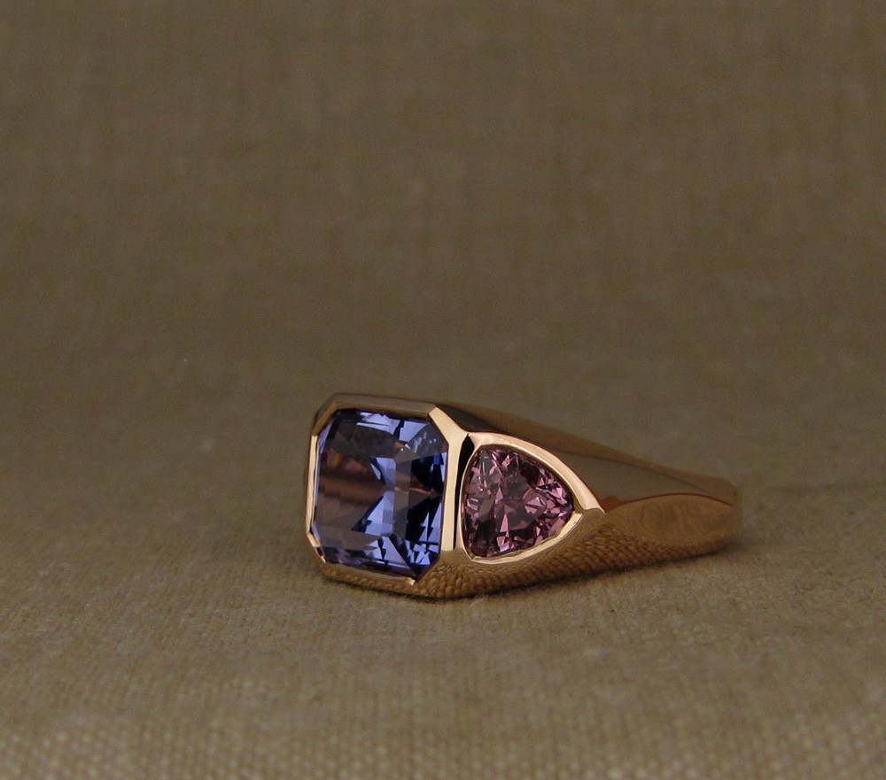 Custom designed & hand-carved Chunky 3-Stone statement ring in 19K rose gold, tanzanite, tourmaline.