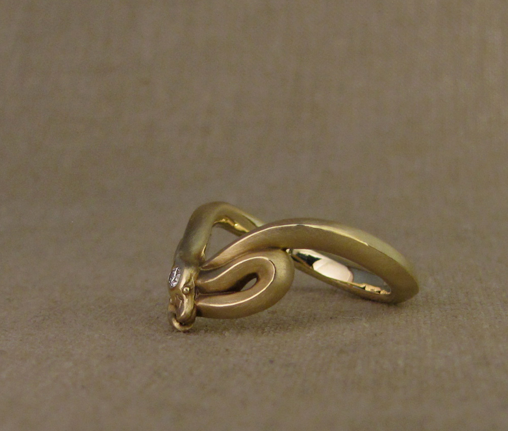Custom-designed & hand-carved Snake Band with diamond, 14K