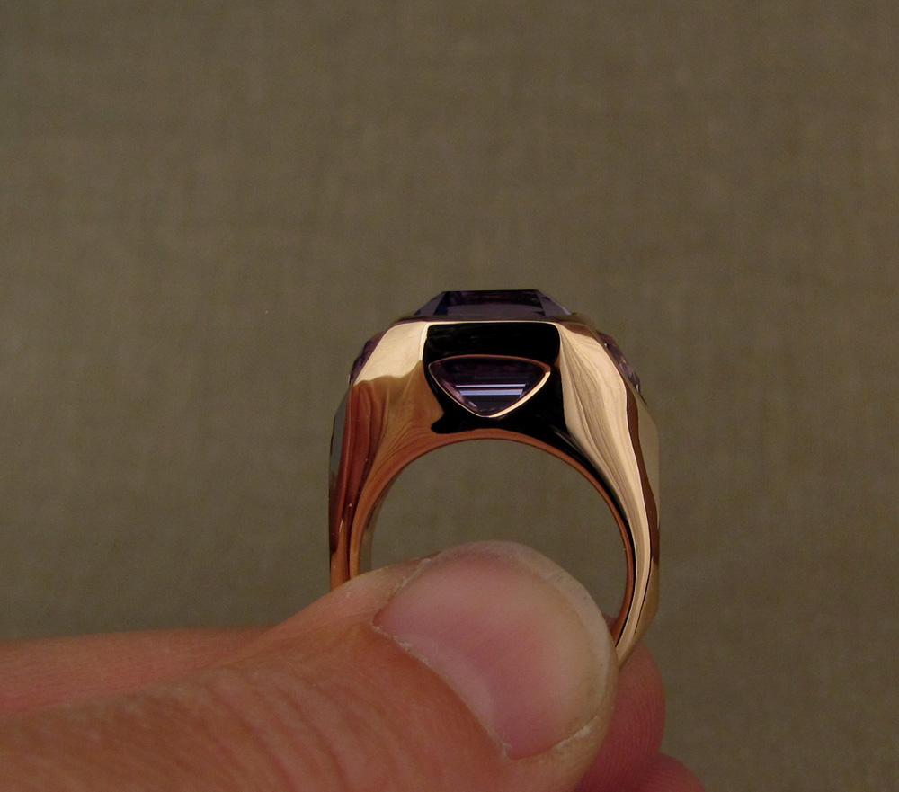 Custom designed & hand-carved Chunky 3-Stone statement ring in 19K rose gold, tanzanite, tourmaline.